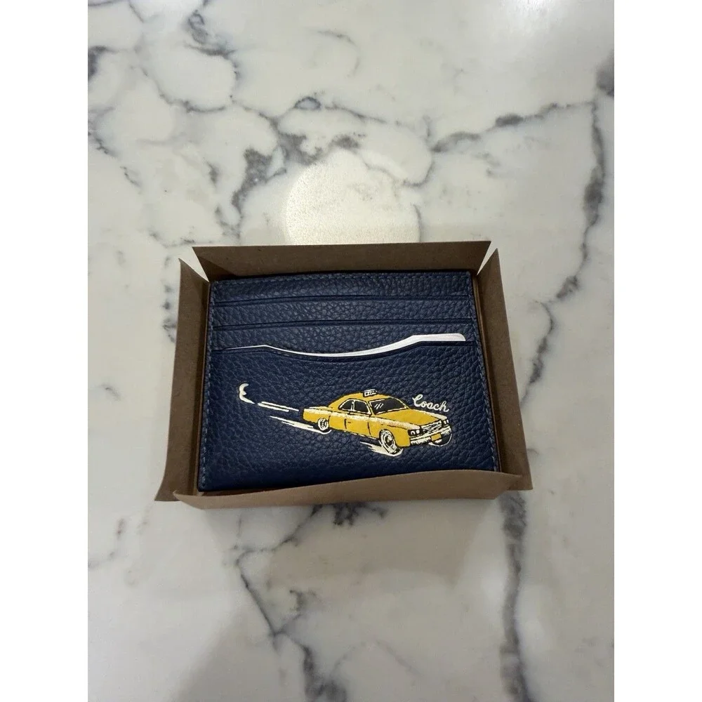 Coach Men’s Navy Leather Card Holder Wallet Taxi Cab Graphic Rare New